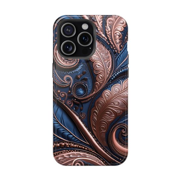 Blue Gold Paisley BRG2- Custom Magnetic Tough Case for iPhone - Dual Layer Protection with MagSafe® Compatibility - Matte or Glossy Finish - Image 112