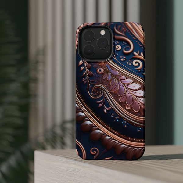 Blue Gold Paisley BRG7- Custom Magnetic Tough Case for iPhone - Dual Layer Protection with MagSafe® Compatibility - Matte or Glossy Finish - Image 79