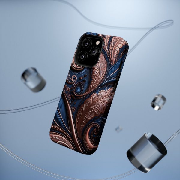 Blue Gold Paisley BRG2- Custom Magnetic Tough Case for iPhone - Dual Layer Protection with MagSafe® Compatibility - Matte or Glossy Finish - Image 65