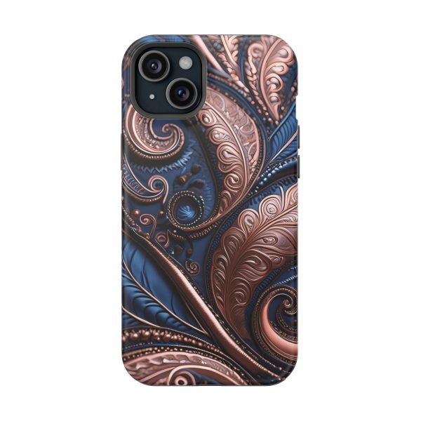 Blue Gold Paisley BRG2- Custom Magnetic Tough Case for iPhone - Dual Layer Protection with MagSafe® Compatibility - Matte or Glossy Finish - Image 107