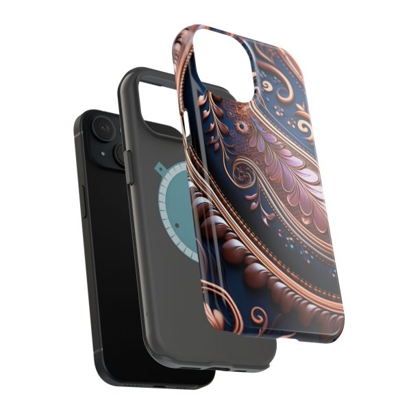 Blue Gold Paisley BRG7- Custom Magnetic Tough Case for iPhone - Dual Layer Protection with MagSafe® Compatibility - Matte or Glossy Finish - Image 83