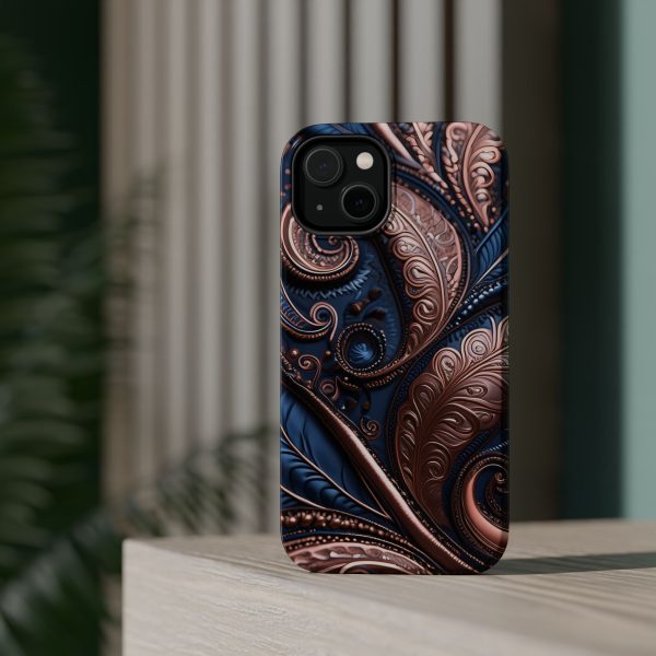 Blue Gold Paisley BRG2- Custom Magnetic Tough Case for iPhone - Dual Layer Protection with MagSafe® Compatibility - Matte or Glossy Finish - Image 4