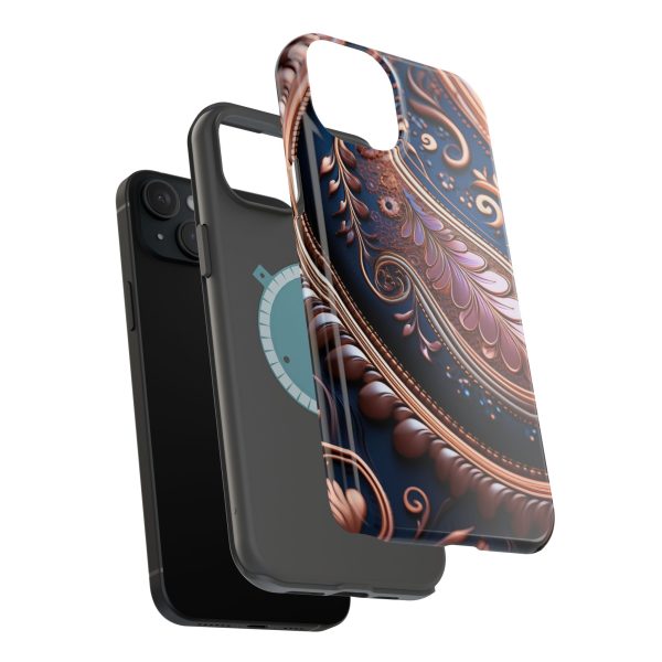 Blue Gold Paisley BRG7- Custom Magnetic Tough Case for iPhone - Dual Layer Protection with MagSafe® Compatibility - Matte or Glossy Finish - Image 103