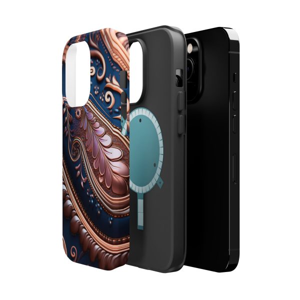 Blue Gold Paisley BRG7- Custom Magnetic Tough Case for iPhone - Dual Layer Protection with MagSafe® Compatibility - Matte or Glossy Finish - Image 17