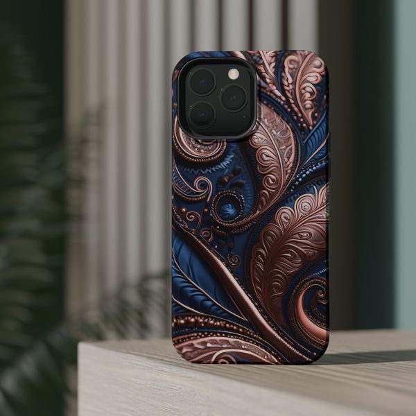 Blue Gold Paisley BRG2- Custom Magnetic Tough Case for iPhone - Dual Layer Protection with MagSafe® Compatibility - Matte or Glossy Finish - Image 79