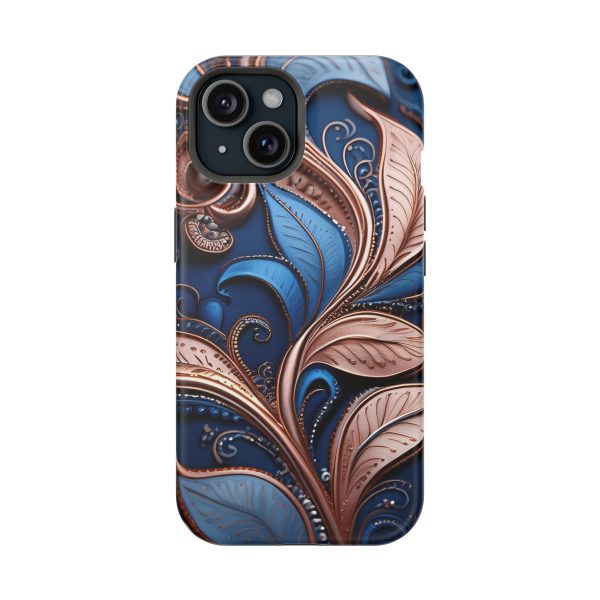 Blue Gold Paisley BRG1- Custom Magnetic Tough Case for iPhone - Dual Layer Protection with MagSafe® Compatibility - Matte or Glossy Finish - Image 86