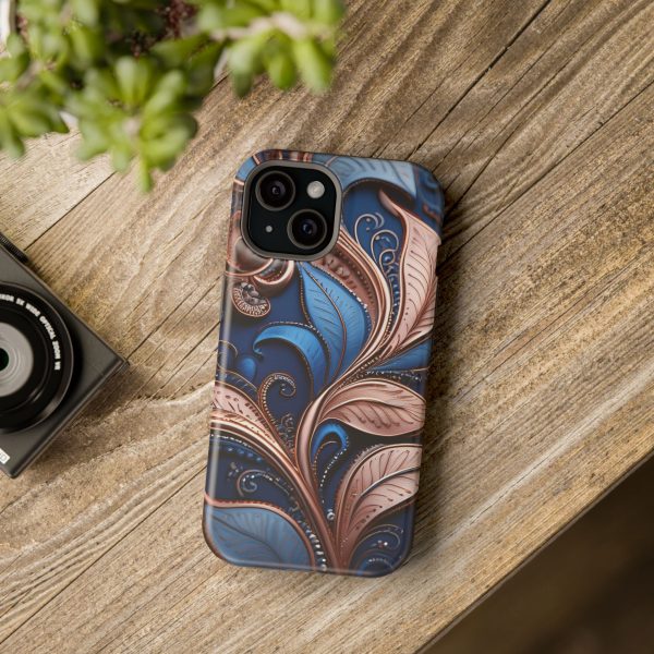 Blue Gold Paisley BRG1- Custom Magnetic Tough Case for iPhone - Dual Layer Protection with MagSafe® Compatibility - Matte or Glossy Finish - Image 90