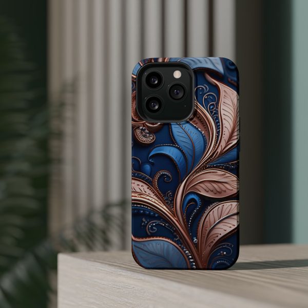 Blue Gold Paisley BRG1- Custom Magnetic Tough Case for iPhone - Dual Layer Protection with MagSafe® Compatibility - Matte or Glossy Finish - Image 69