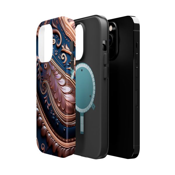 Blue Gold Paisley BRG7- Custom Magnetic Tough Case for iPhone - Dual Layer Protection with MagSafe® Compatibility - Matte or Glossy Finish - Image 12