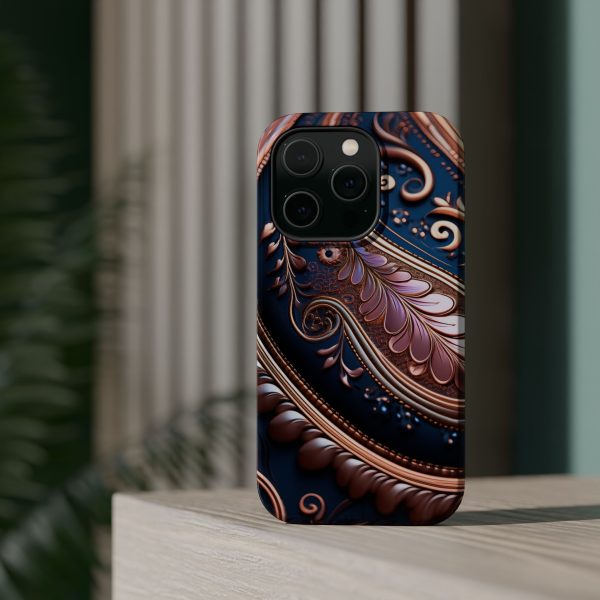 Blue Gold Paisley BRG7- Custom Magnetic Tough Case for iPhone - Dual Layer Protection with MagSafe® Compatibility - Matte or Glossy Finish - Image 14