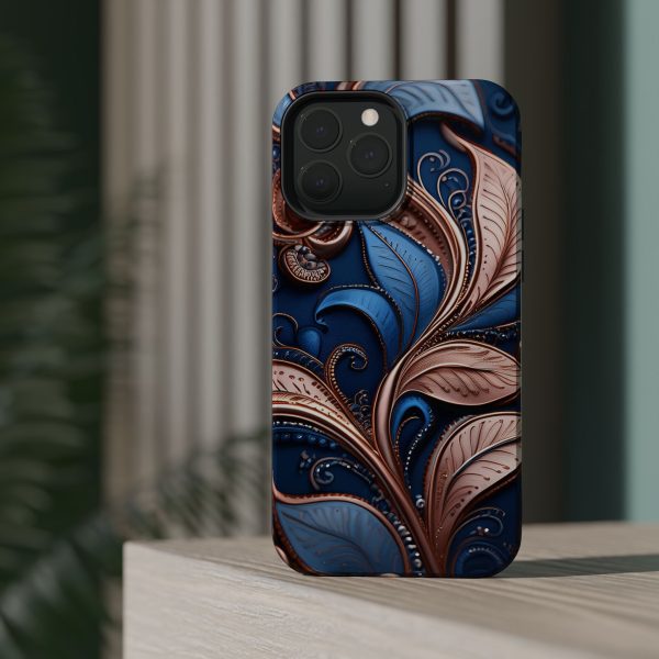 Blue Gold Paisley BRG1- Custom Magnetic Tough Case for iPhone - Dual Layer Protection with MagSafe® Compatibility - Matte or Glossy Finish - Image 74