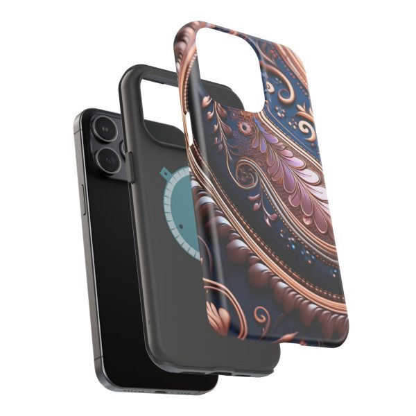 Blue Gold Paisley BRG7- Custom Magnetic Tough Case for iPhone - Dual Layer Protection with MagSafe® Compatibility - Matte or Glossy Finish - Image 118