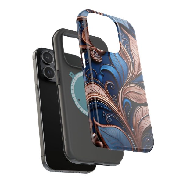 Blue Gold Paisley BRG1- Custom Magnetic Tough Case for iPhone - Dual Layer Protection with MagSafe® Compatibility - Matte or Glossy Finish - Image 92