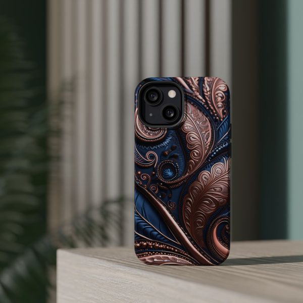 Blue Gold Paisley BRG2- Custom Magnetic Tough Case for iPhone - Dual Layer Protection with MagSafe® Compatibility - Matte or Glossy Finish - Image 54