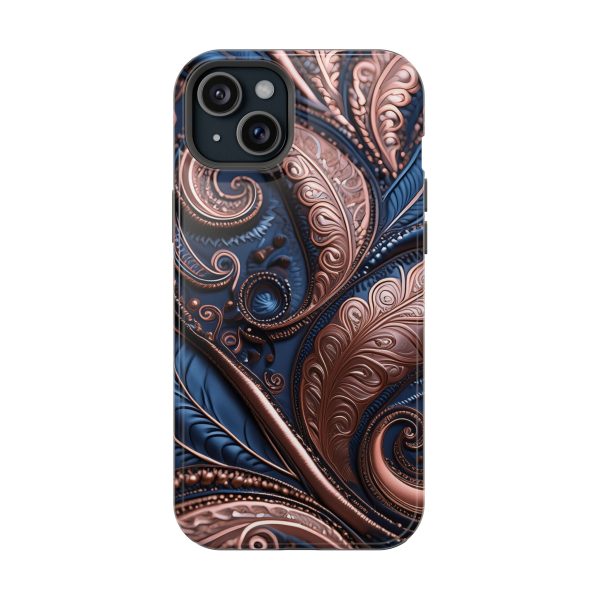 Blue Gold Paisley BRG2- Custom Magnetic Tough Case for iPhone - Dual Layer Protection with MagSafe® Compatibility - Matte or Glossy Finish - Image 102