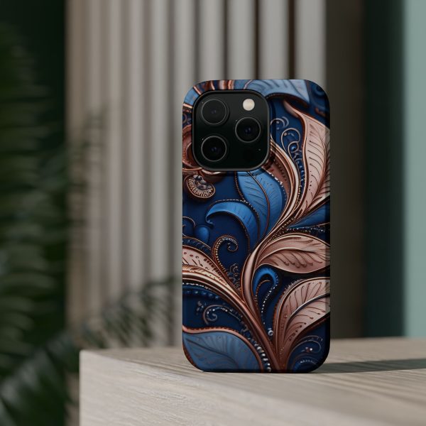 Blue Gold Paisley BRG1- Custom Magnetic Tough Case for iPhone - Dual Layer Protection with MagSafe® Compatibility - Matte or Glossy Finish - Image 19