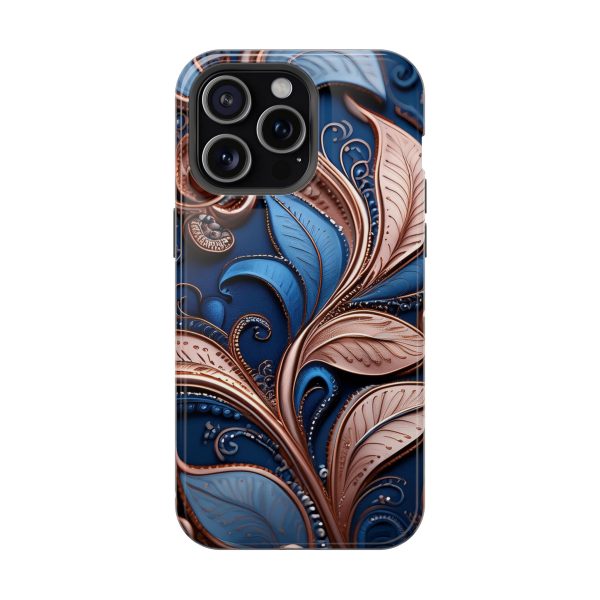 Blue Gold Paisley BRG1- Custom Magnetic Tough Case for iPhone - Dual Layer Protection with MagSafe® Compatibility - Matte or Glossy Finish - Image 111