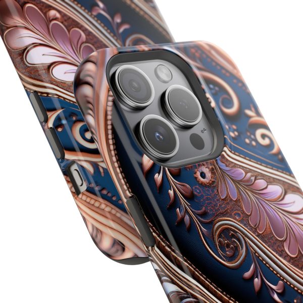 Blue Gold Paisley BRG7- Custom Magnetic Tough Case for iPhone - Dual Layer Protection with MagSafe® Compatibility - Matte or Glossy Finish - Image 91